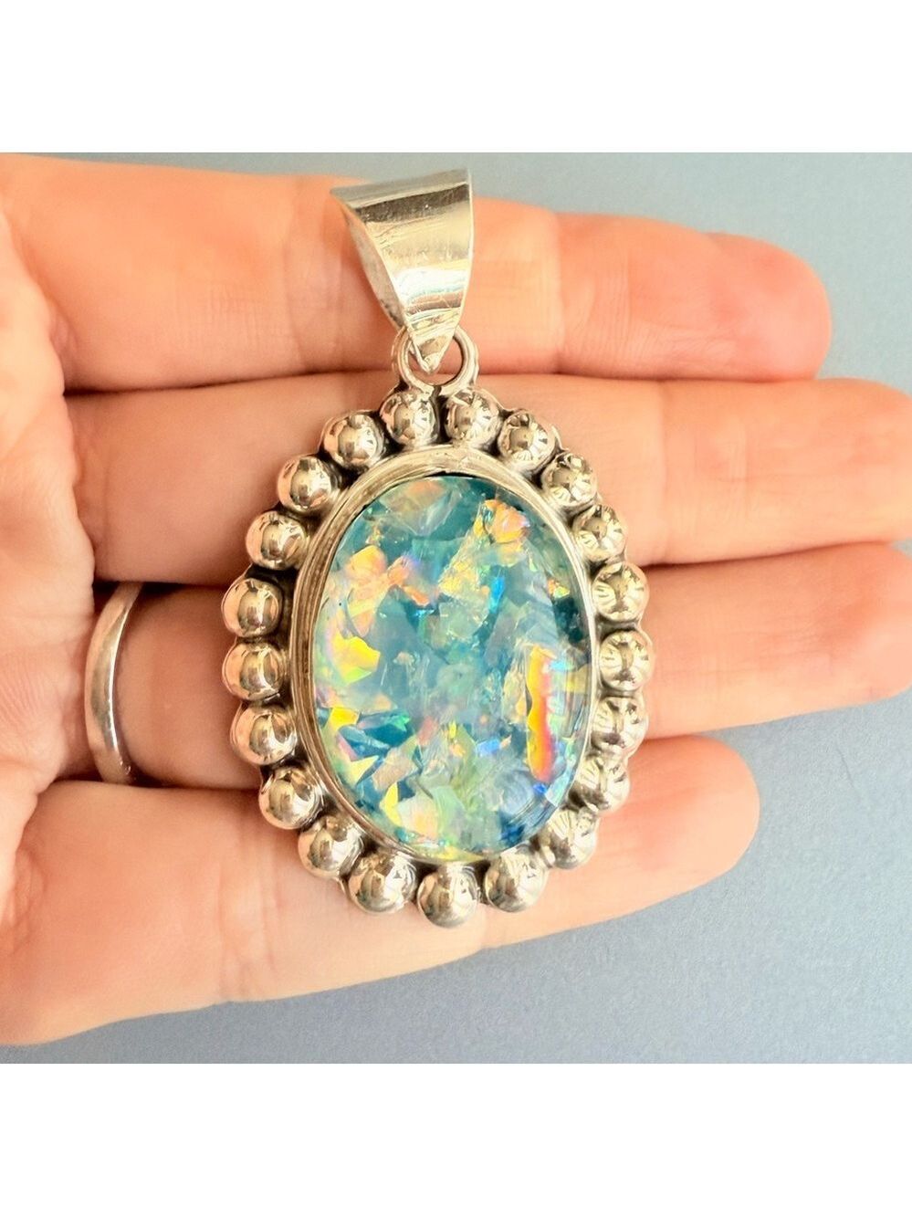 Mexico Opal Mosaic Triplet Sterling Silver Ball Beaded Large Pendant Nec… - Picture 5 of 6